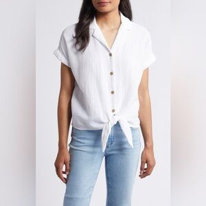 Beach Lunch Lounge Rain Tie Front Short Sleeve Cotton Gauze Button-Up Shirt